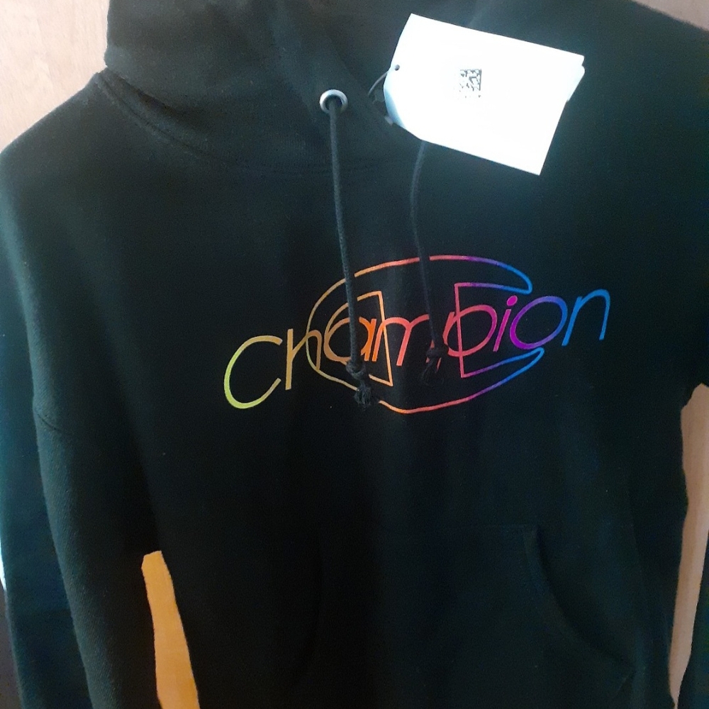 Champion Black Hoodie with Rainbow Logo